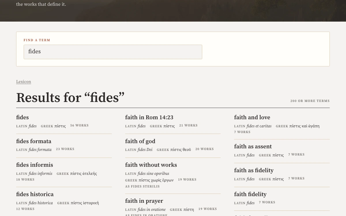Lexicon results for fides. Each term lists its Latin and Greek words and the number of works that define it.