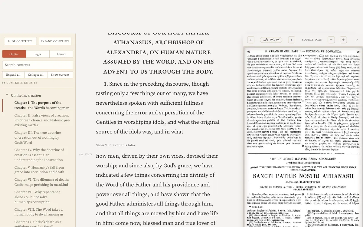 Athanasius&rsquo;s On the Incarnation in the reader with Scan chosen. The English text is on the left and the scanned printed page is on the right.