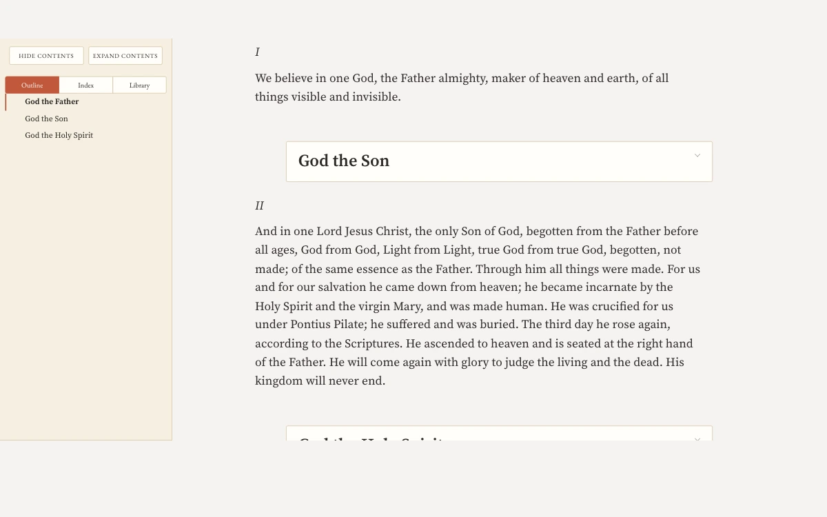 The Nicene Creed in the reader. The outline lists God the Father, God the Son and God the Holy Spirit.