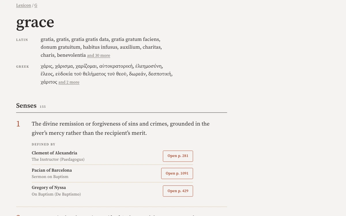 The Lexicon entry for grace. Its first meaning is defined by three authors with an Open button for each page.