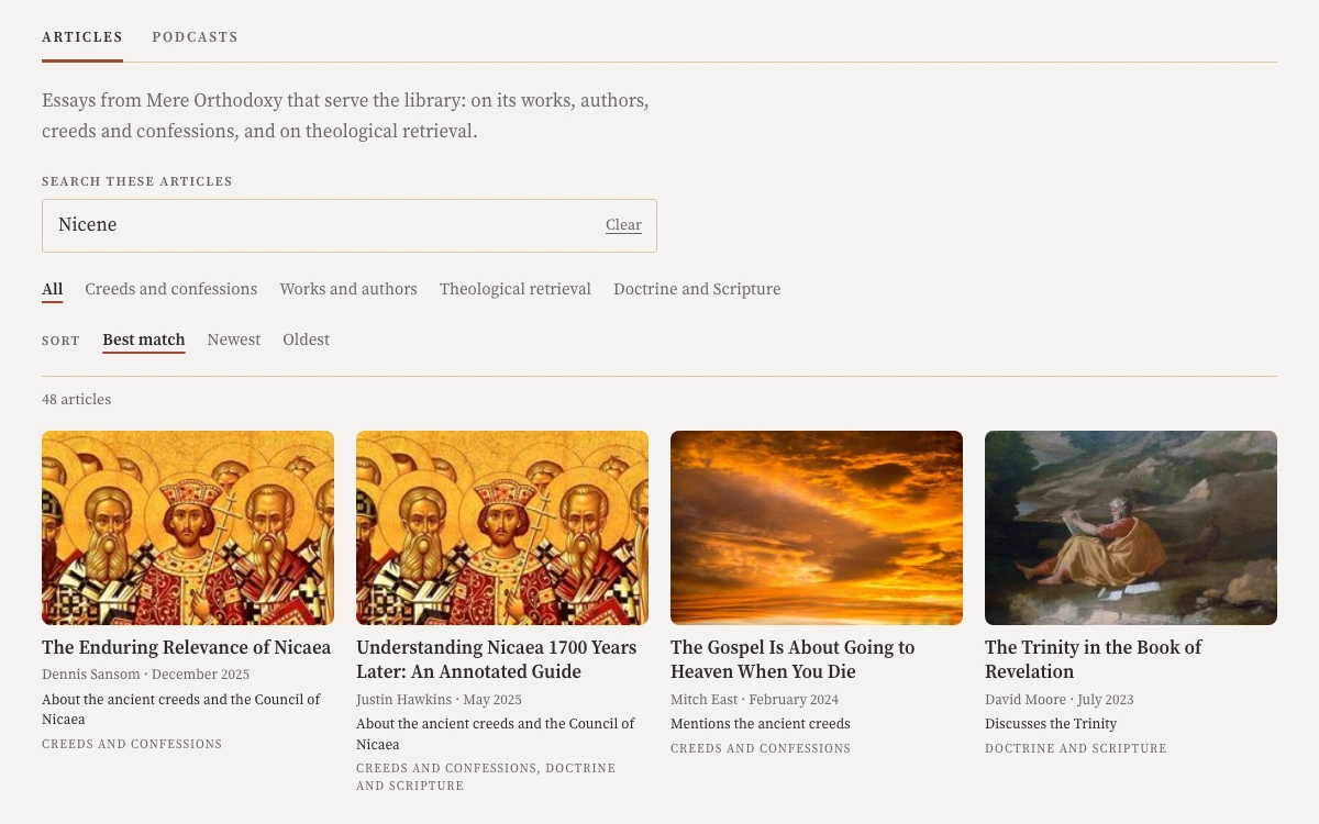 The Resources page with Nicene typed into the article search. Four of the 48 matching essays are shown.