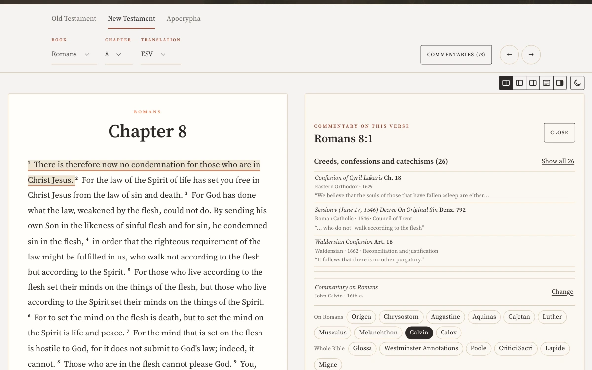 Romans 8 on the Scripture page. Verse 1 is selected and the panel on the right lists confessions that cite it and commentators on Romans.