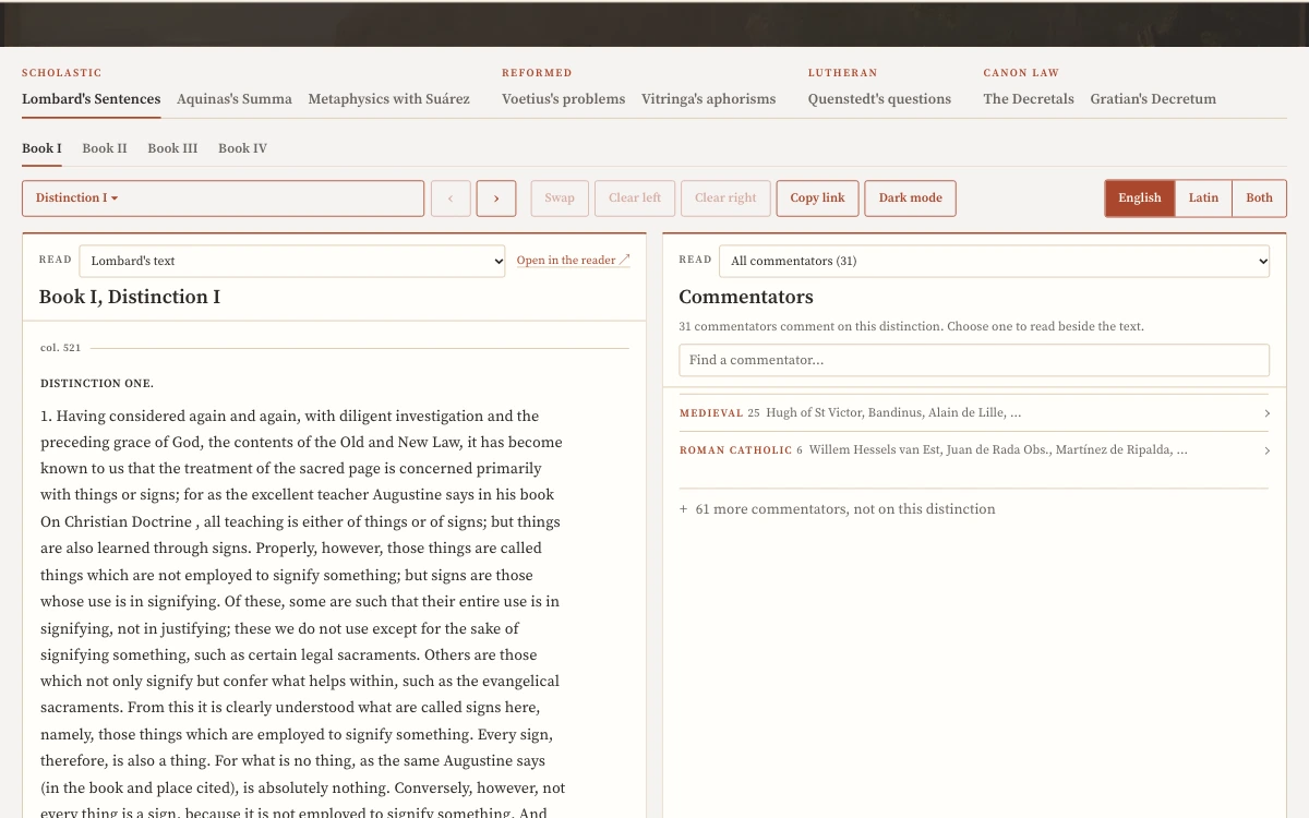 A Commentary Deck open to Lombard&rsquo;s Sentences Book I. The text is on the left and a list of commentators is on the right.