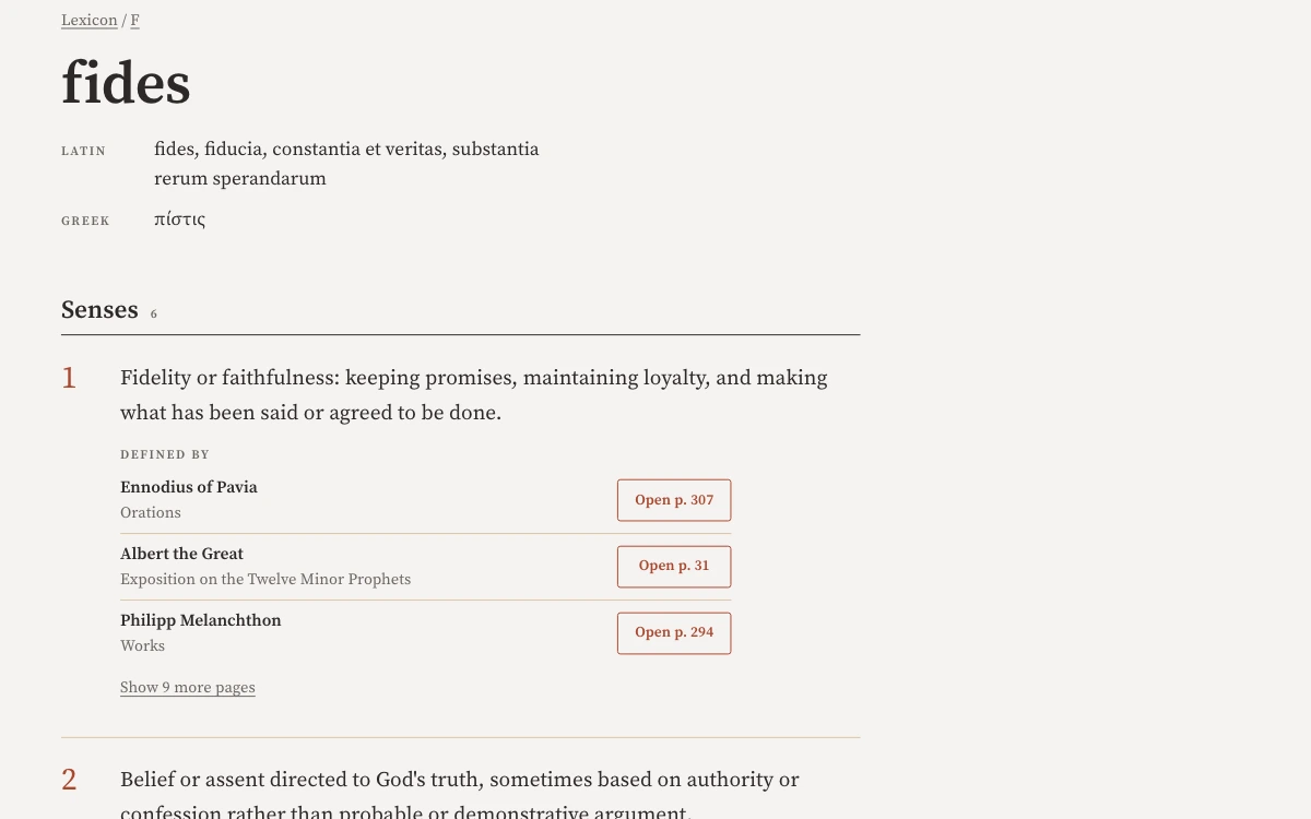 The Lexicon entry for fides with its Latin and Greek forms and a first meaning defined by three authors.