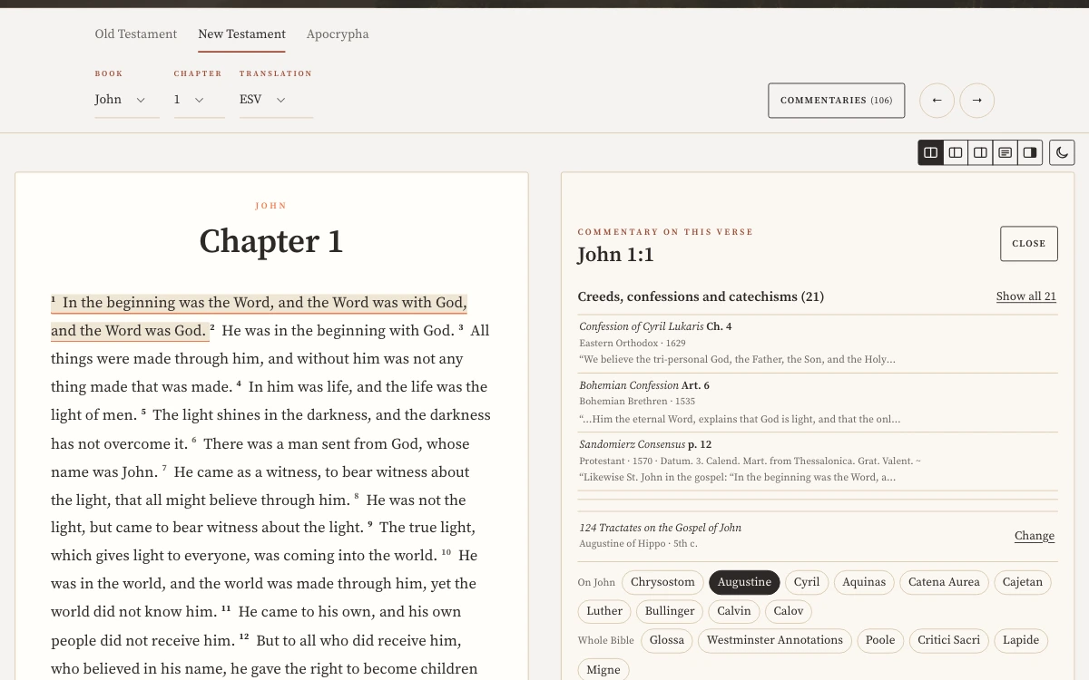 John 1 on the Scripture page. Verse 1 is selected and the panel lists confessions that cite it and commentators on John.