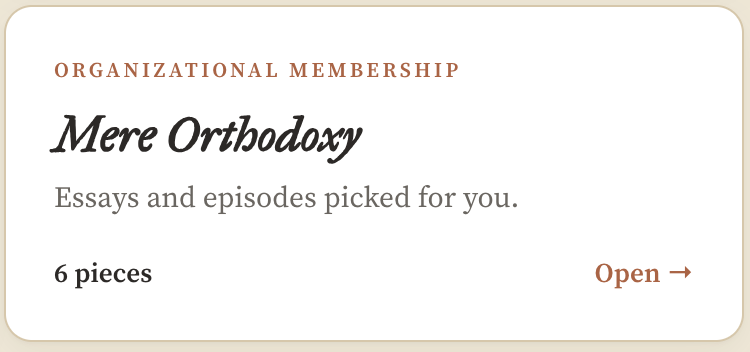 A dashboard card labelled Organizational Membership. It is titled with the organization's name and shows a short description, a count of the pieces waiting and an Open link.