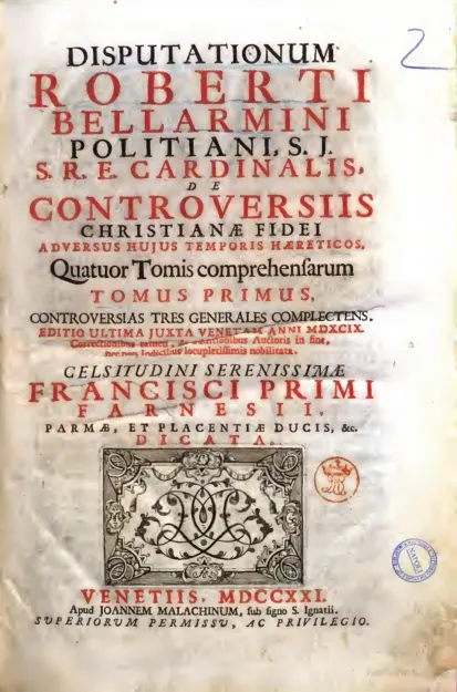 Robert Bellarmine, Disputationes de Controversiis, 1621 title page