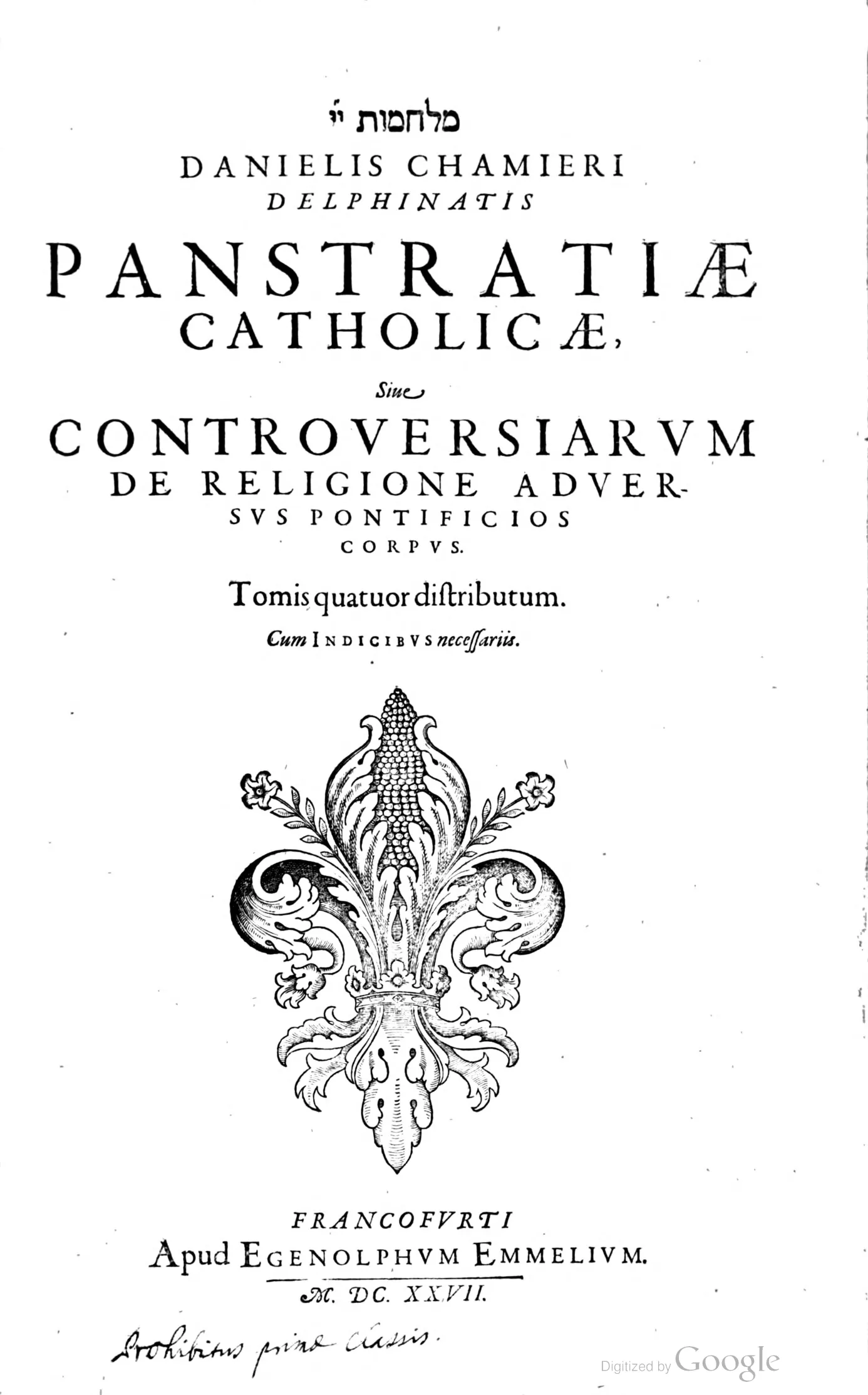 Daniel Chamier, Panstratia Catholica, 1627 title page
