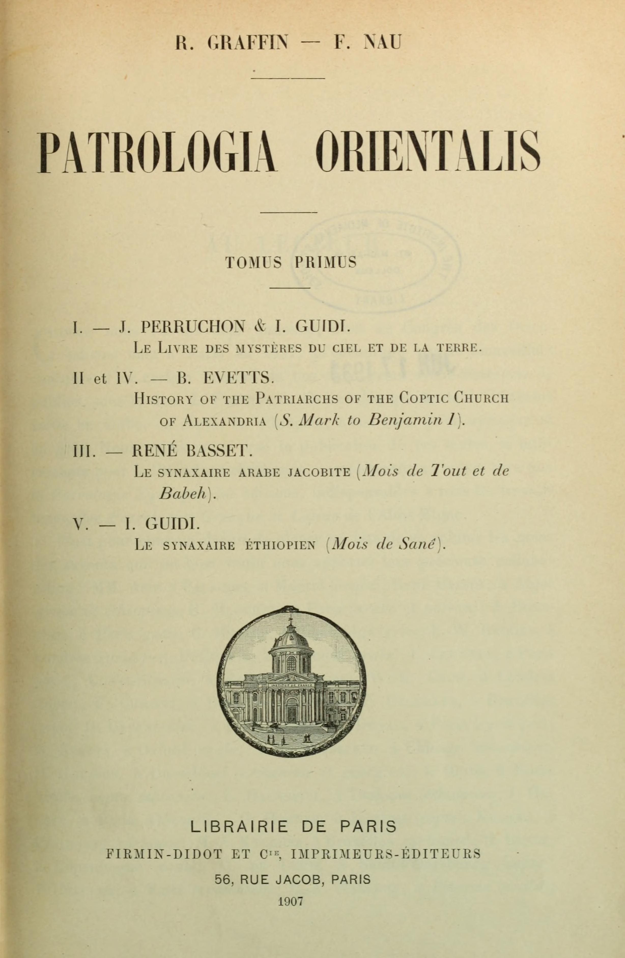 Patrologia Orientalis, volume 1, 1907 title page