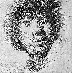 Self-portrait in a cap, with eyes wide open, e...
