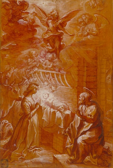 Francesco Vanni (Italian, 1563 - 1610). The Nativity, about 1600, Red wash over black chalk, heightened with white gouache; on an ocher prepared ground, squared in black chalk 28.9 x 19.5 cm (11 3/8 x 7 11/16 in.) The J. Paul Getty Museum, Los Angeles 