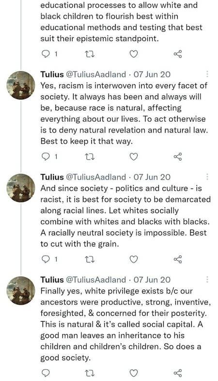 Tulius @TuliusAadland An antifragile system is not one that foresees black swan events but one that gains strength from them. Like that Death Star thing in The Fifth Element. Anyway, a robust race realist white nationalism can be antifragile regarding cultural Marxism, critical race theory, wokism, BLM, etc. by accepting their premises of standpoint epistemology, systemic racism, white privilege etc. Yes, different groups see things differently and have different ways of knowing and perceiving. Hence, we should separate our educational processes to allow white and black children to flourish best within educational methods and testing that best suit their epistemic standpoint. Yes, racism is interwoven into every facet of society. It always has been and always will be, because race is natural, affecting everything about our lives. To act otherwise is to deny natural revelation and natural law. Best to keep it that way. And since society - politics and culture - is racist, it is best for society to be demarcated along racial lines. Let whites socially combine with whites and blacks with blacks. A racially neutral society is impossible. Best to cut with the grain. Finally yes, white privilege exists b/c our ancestors were productive, strong, inventive, foresighted, & concerned for their posterity. This is natural & it’s called social capital. A good man leaves an inheritance to his children and children’s children. So does a good society.