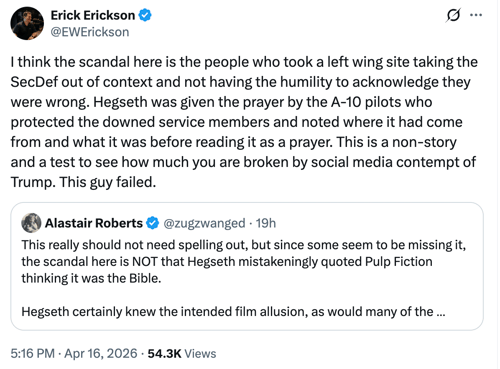 erickson on hegseth